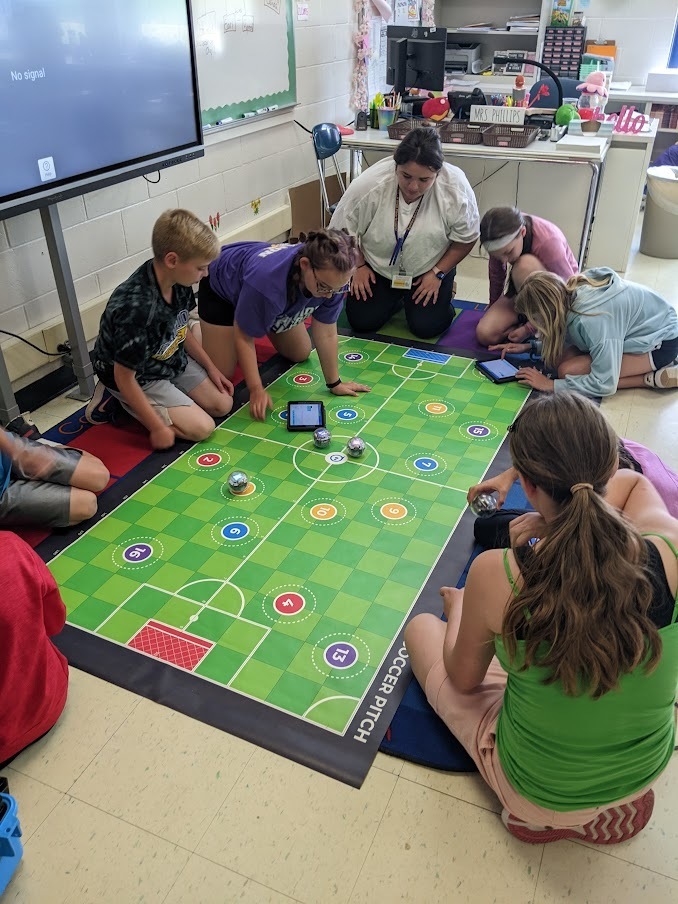 students coding and playing sphero soccer